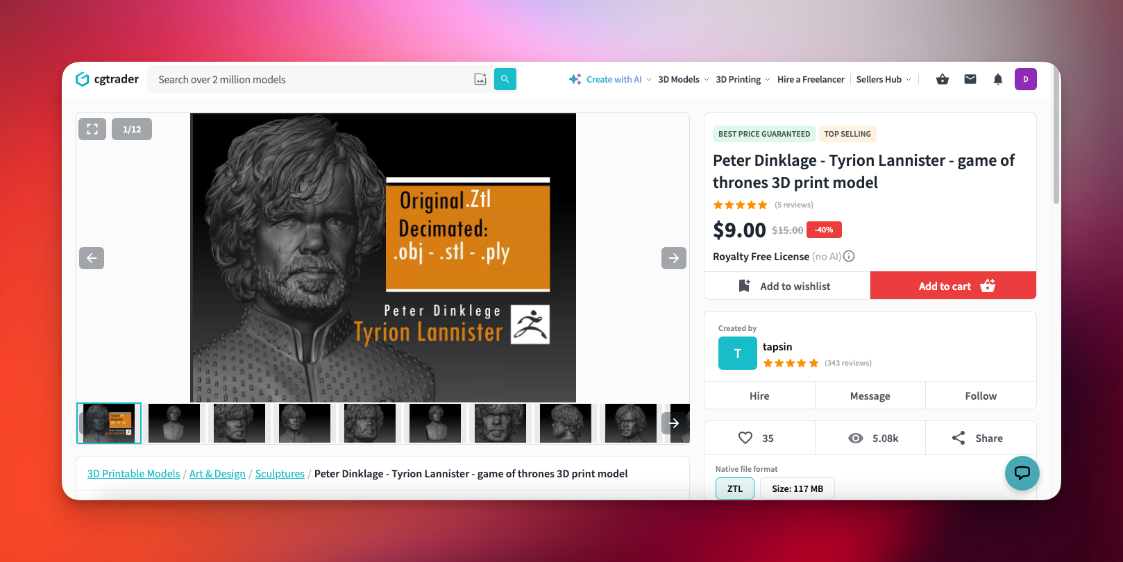فایل STL سه‌بعدی CGTRADER - Tyrion Lannister